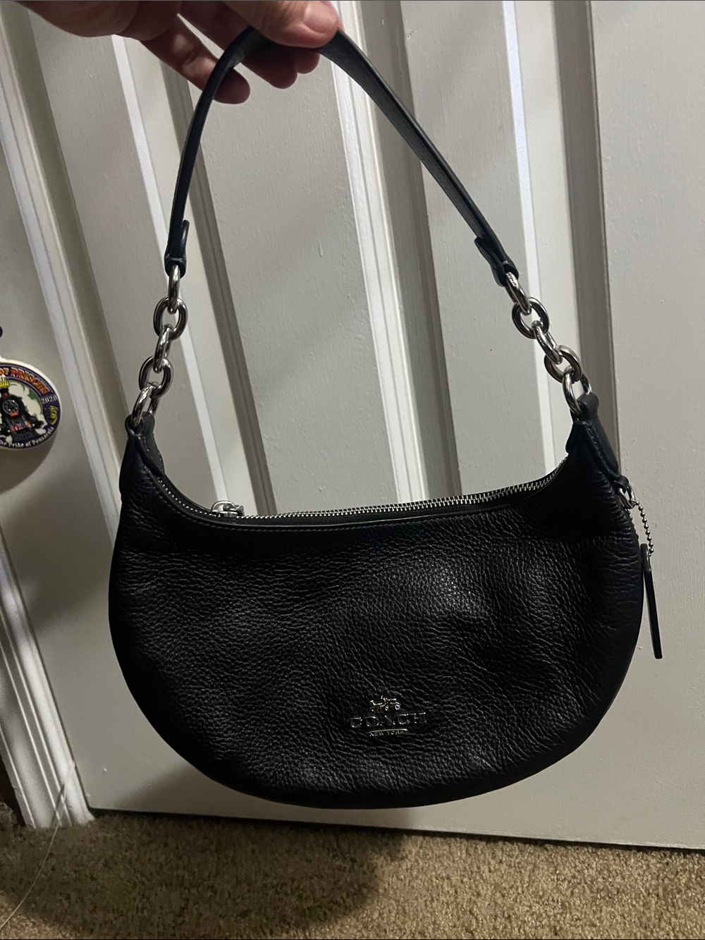 Coach Black Pebbled Leather Crescent Shoulder Bag with Silver Hardware